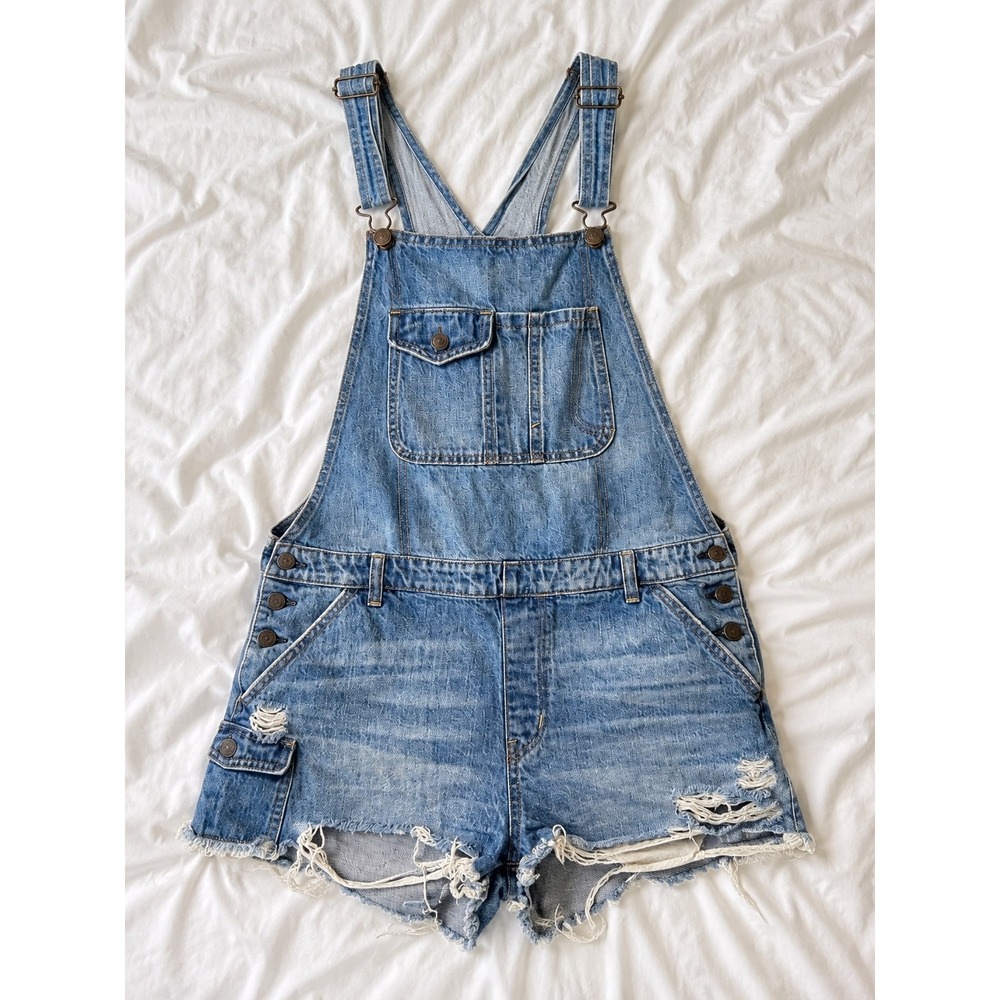 American Eagle Denim Short Overalls Large Light Blue Distressed Raw Hem